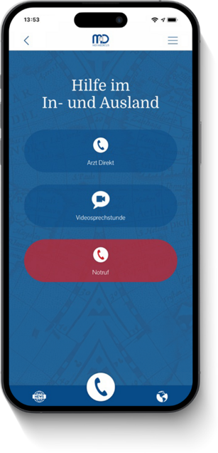 Smartphone-Ansicht der MD Medicus Gesundheits-App mit Funktionen Arzt Direkt, Videosprechstunde und Notruf