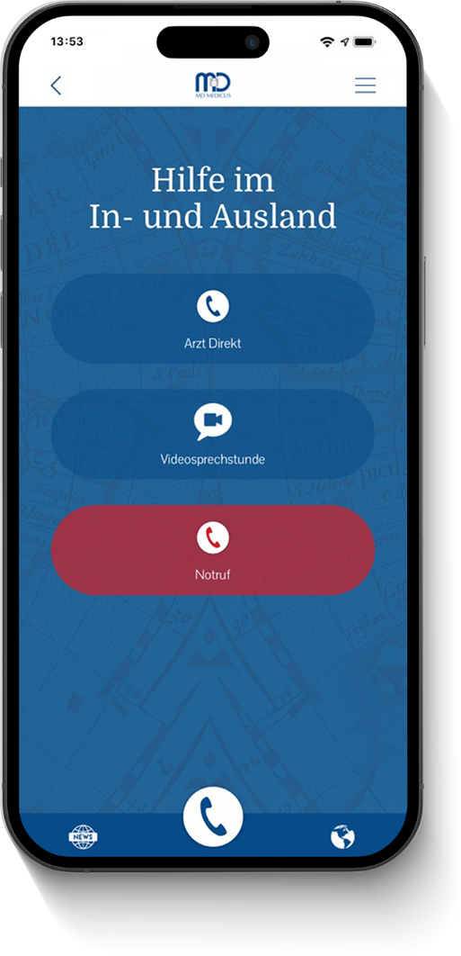 Smartphone-Ansicht der MD Medicus App mit Funktionen Arzt Direkt, Videosprechstunde und Notruf